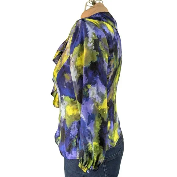 SOLD Lauren Ralph Lauren Wmns Large Long Sleeve Ruffle Watercolor Button Blouse - Picture 2 of 8